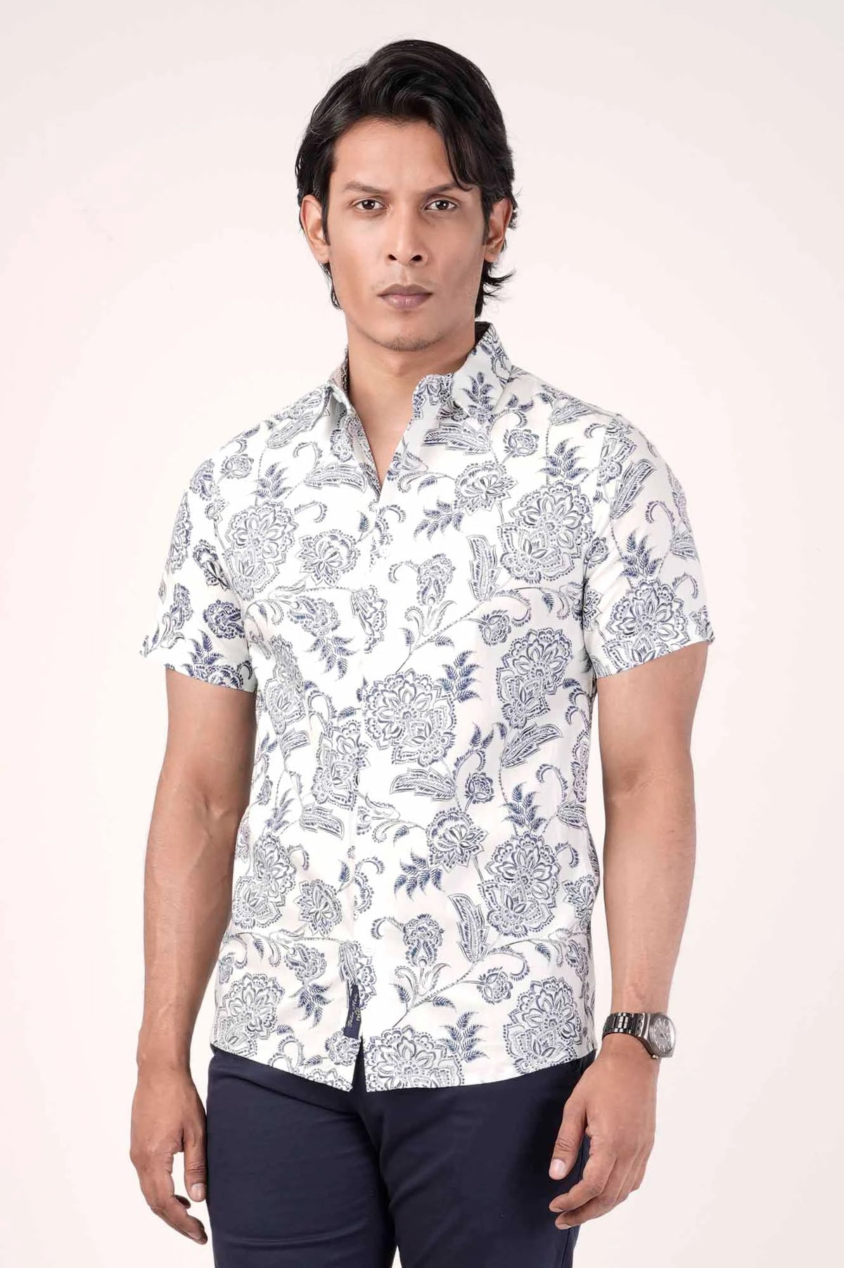 Men's Short Sleeve Shirt (White Printed)