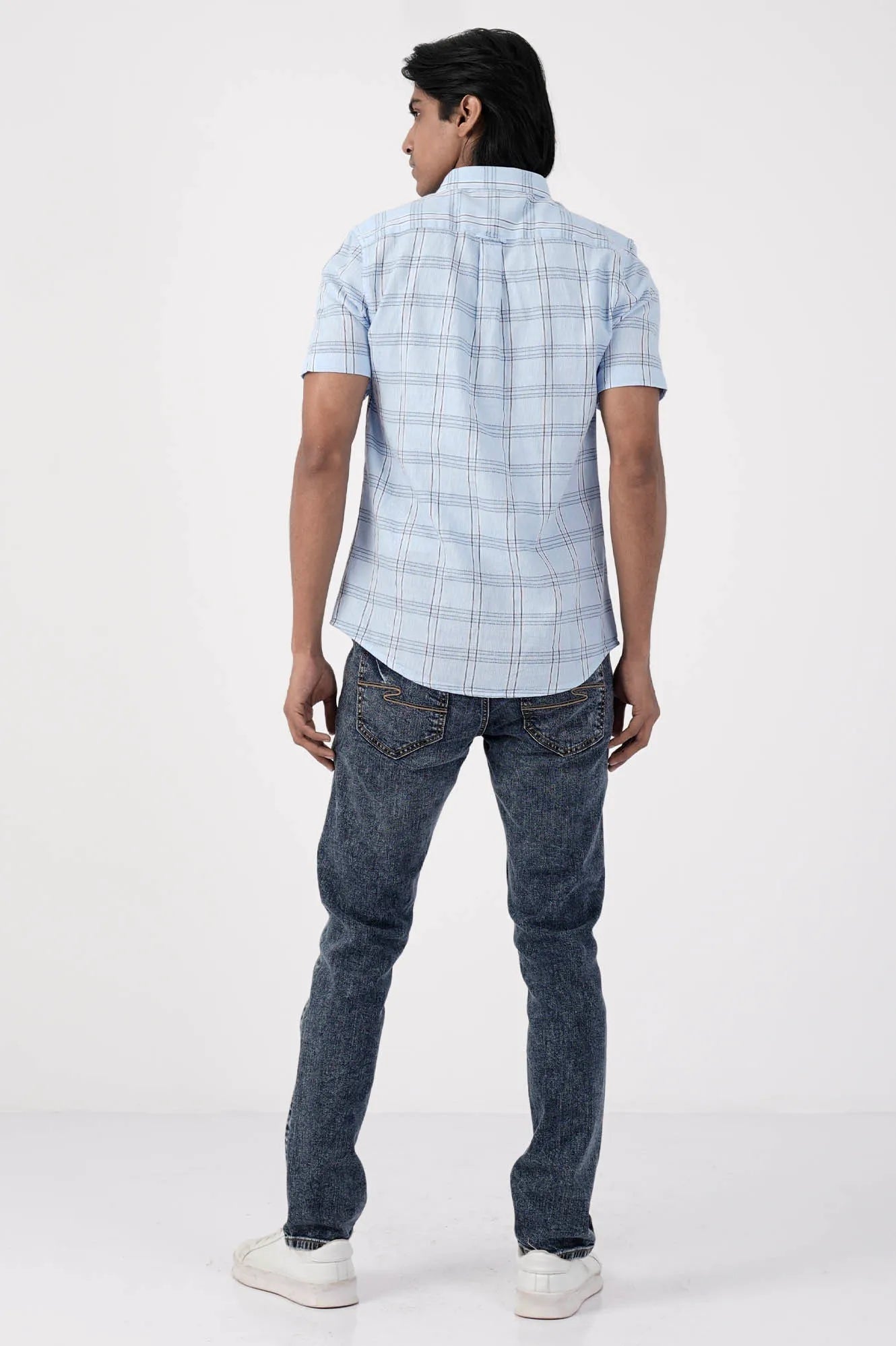 Men Short Sleeve Shirt (Blue Check)