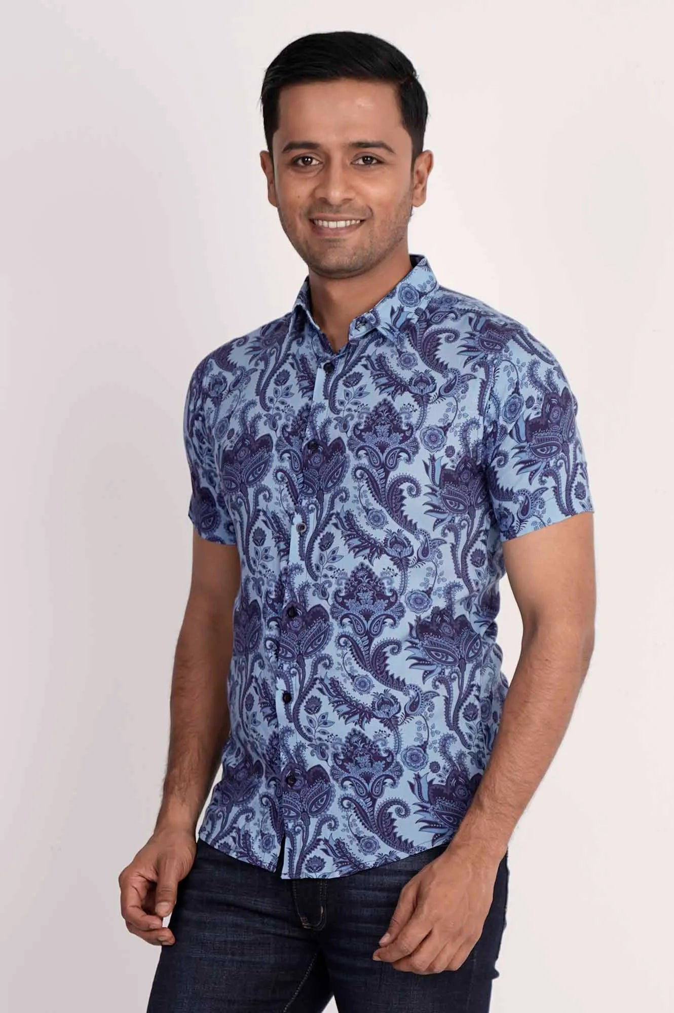 Men Short Sleeve Shirt (Blue Printed)