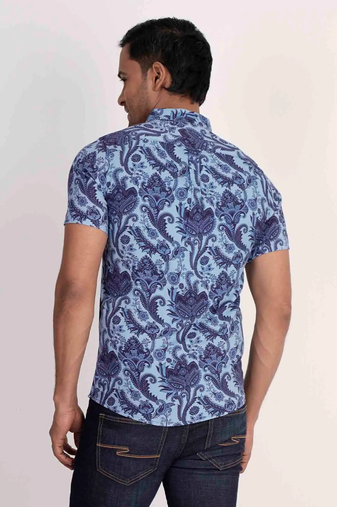 Men Short Sleeve Shirt (Blue Printed)