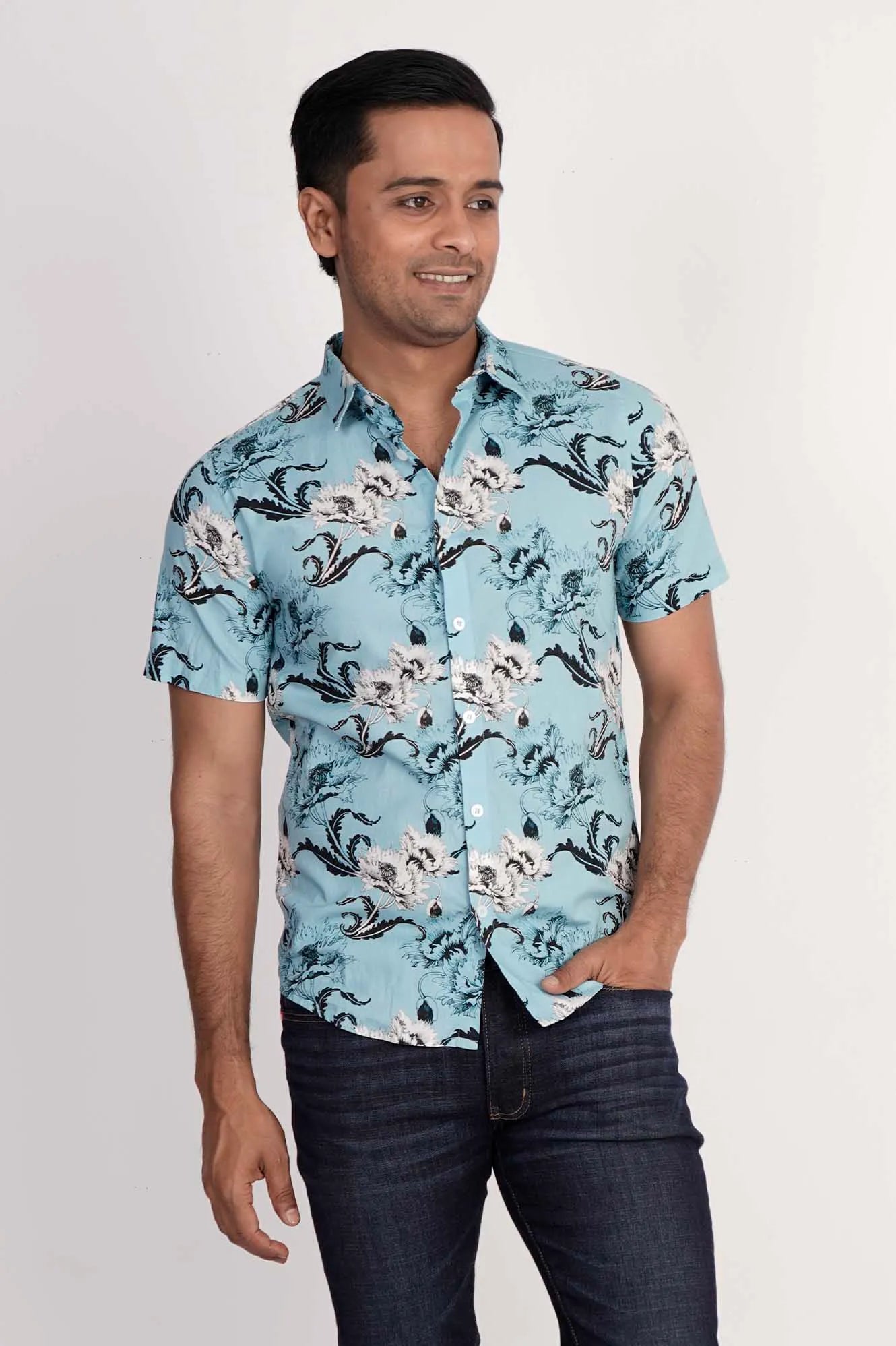 Men Short Sleeve Shirt (Blue Printed)