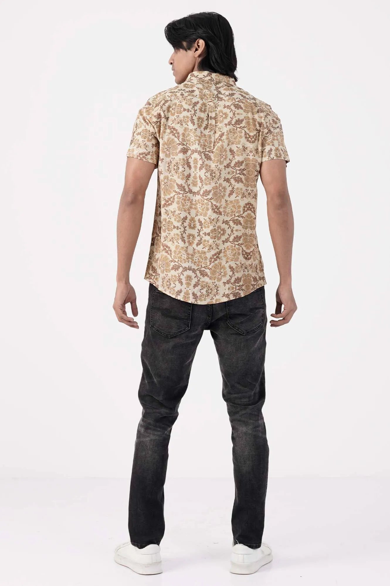 Men Short Sleeve Shirt (Beige Printed)
