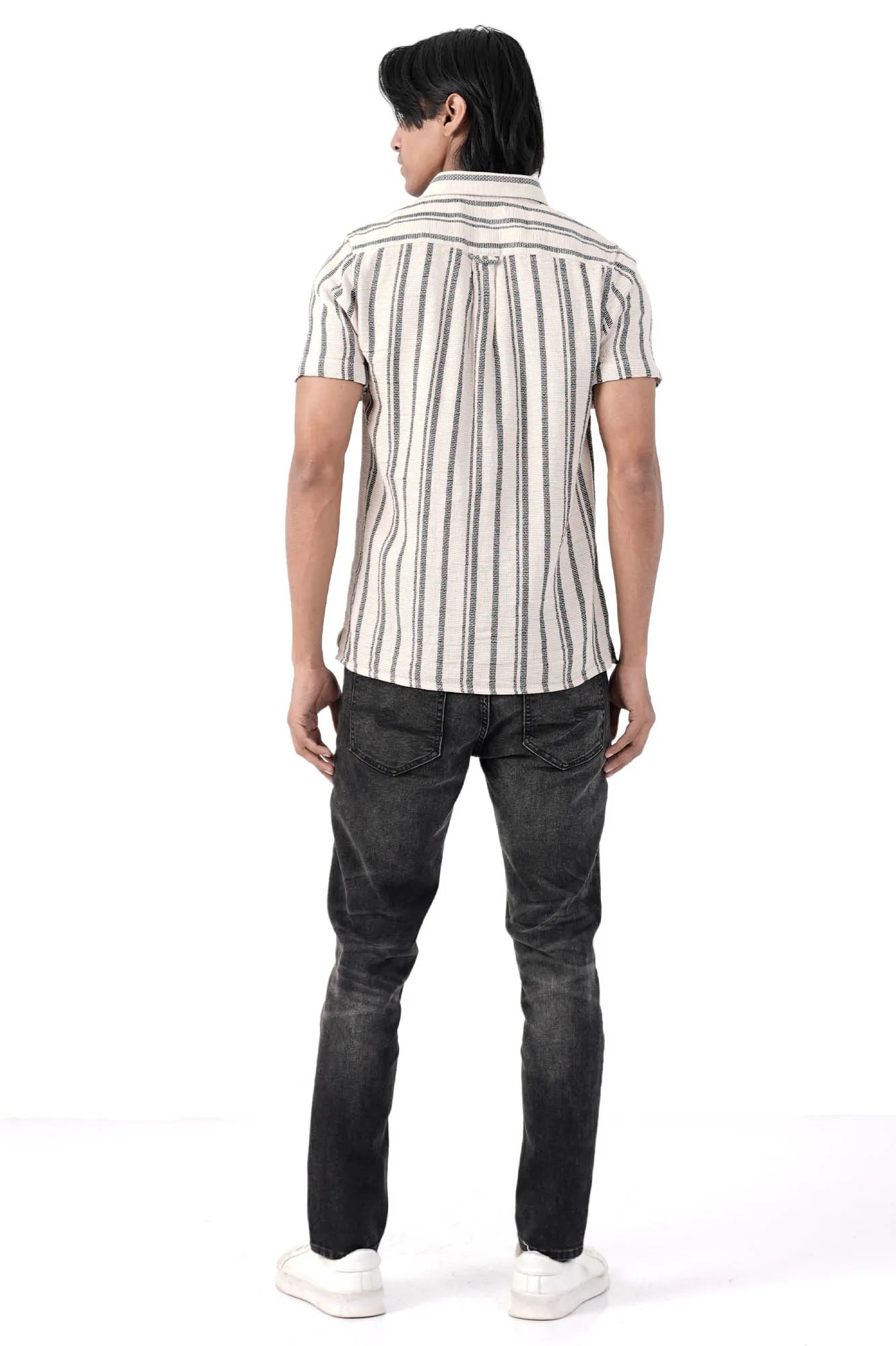 Men Short Sleeve Shirt (Beige Stripe)