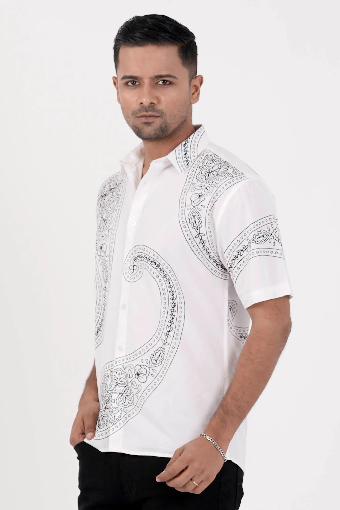 Men's Short Sleeve Shirt (White Printed)