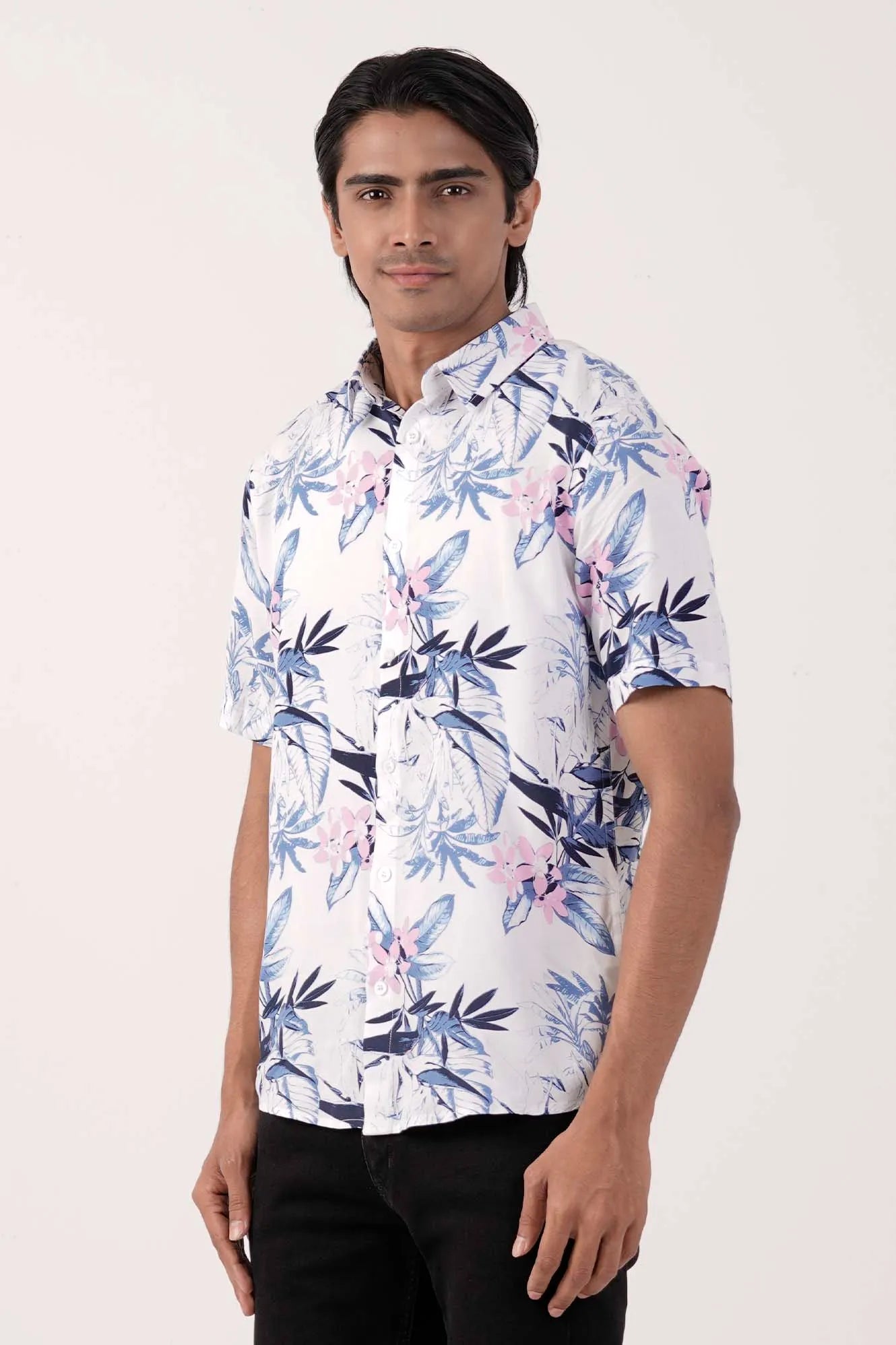 Men Short Sleeve Shirt (White Printed)