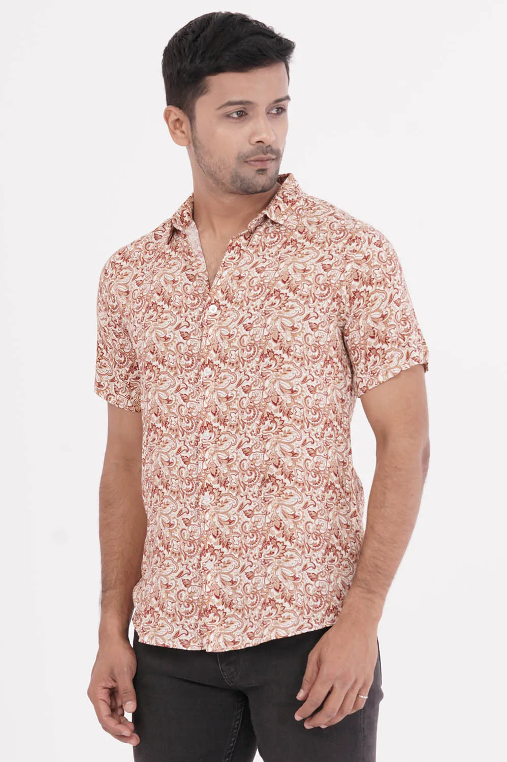Men Short Sleeve Shirt (Brown Printed)