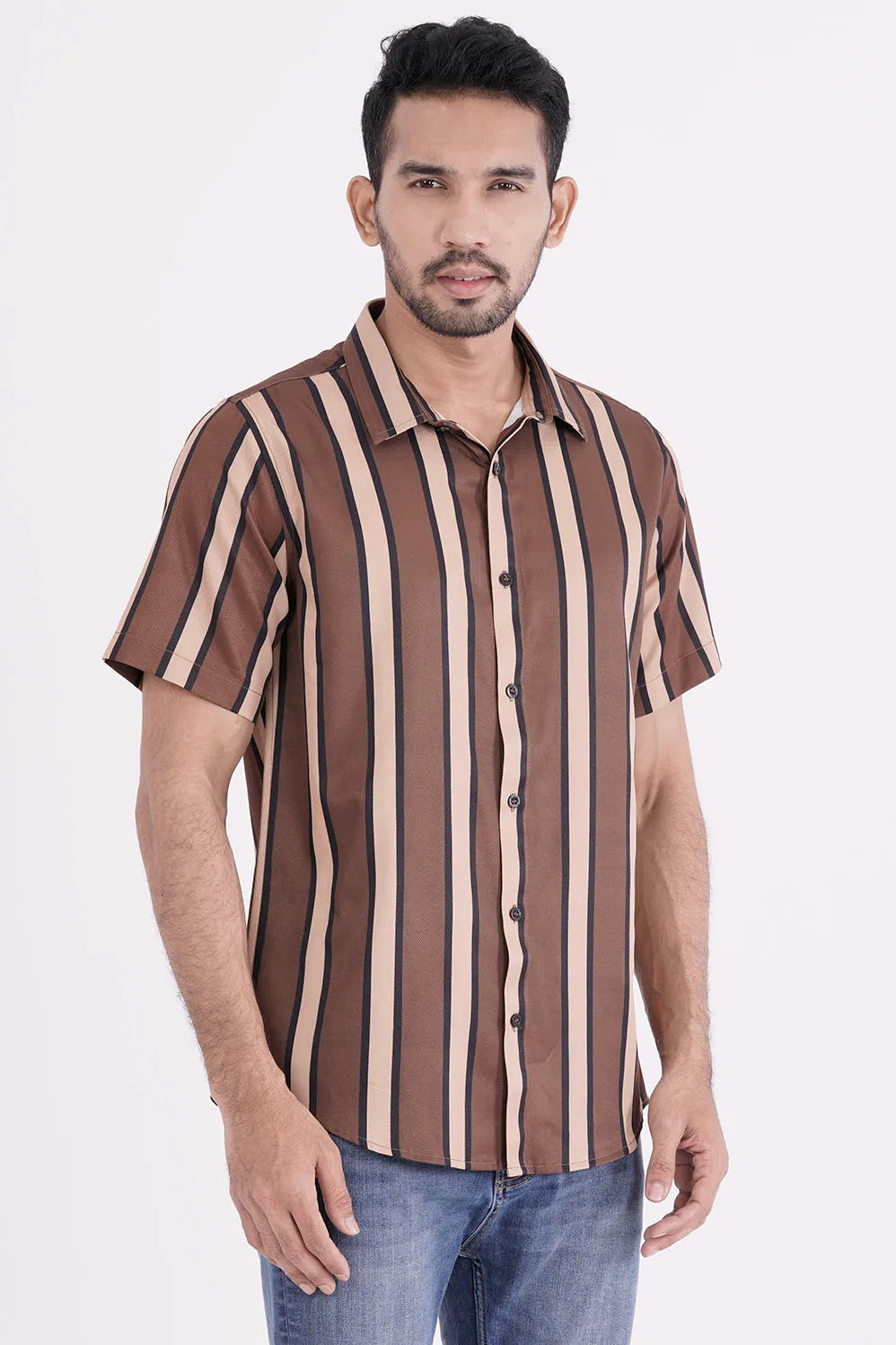 Men Short Sleeve Shirt (Brown Stripe)