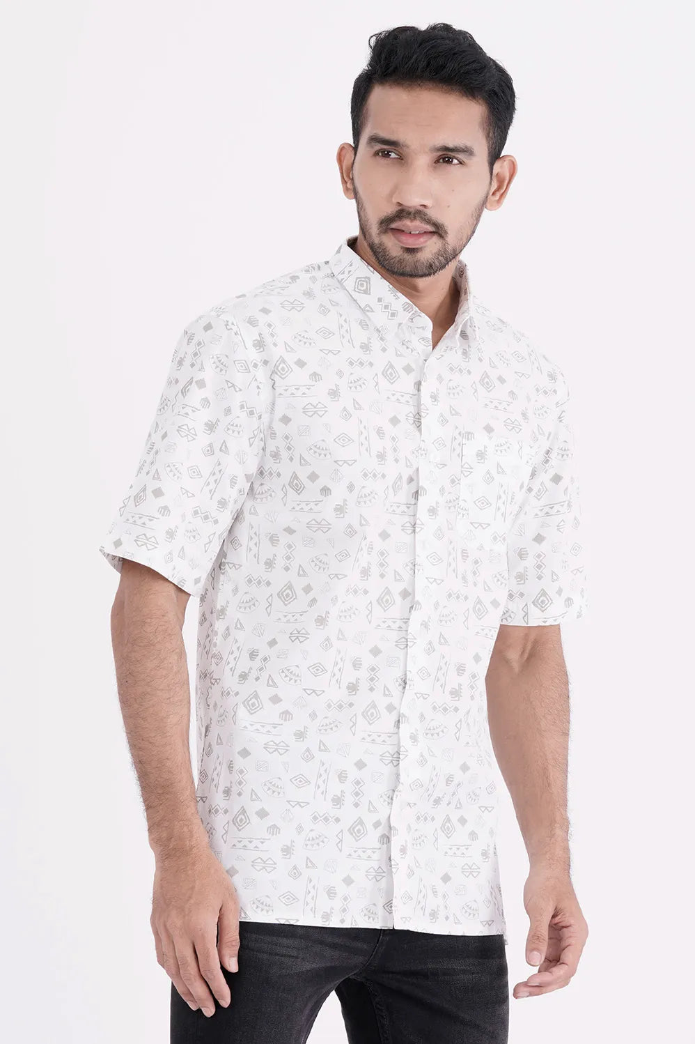 Men Short Sleeve Shirt (White Printed)