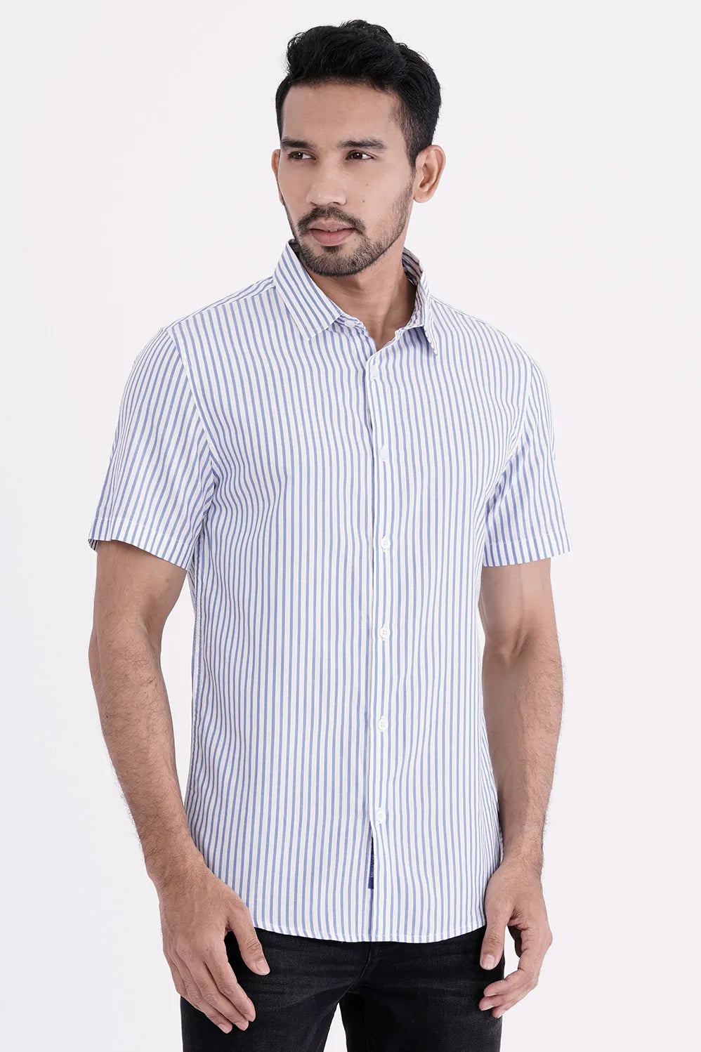 Men Short Sleeve Shirt (Blue Stripe)