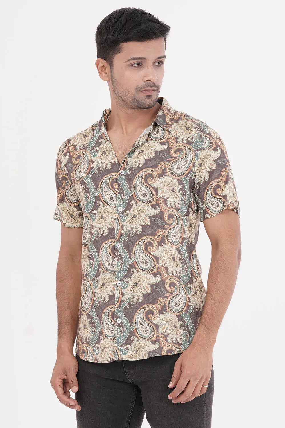 Men Short Sleeve Shirt (Brown Printed)