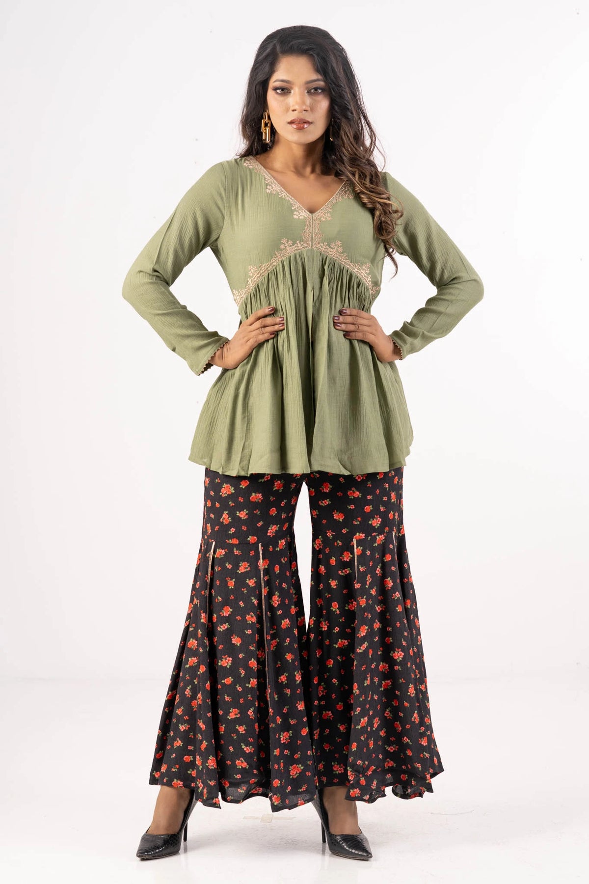 Women's Ethnic Tops (Set) (Olive-Black)